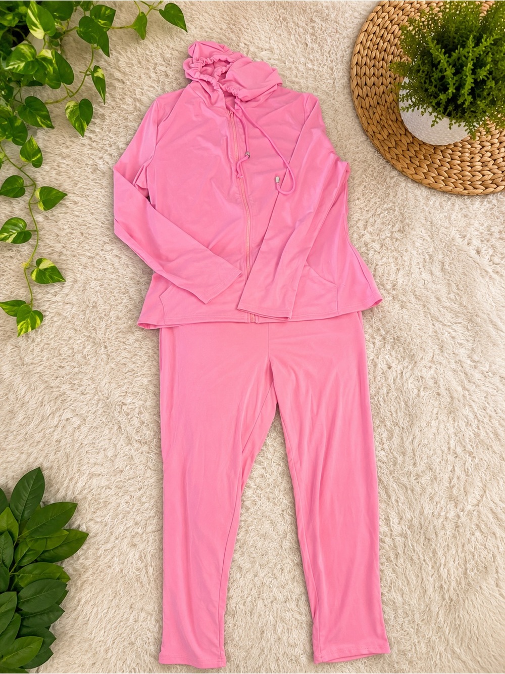 Pink Velour Tracksuit Set - Soft Two-Piece Lounge Set